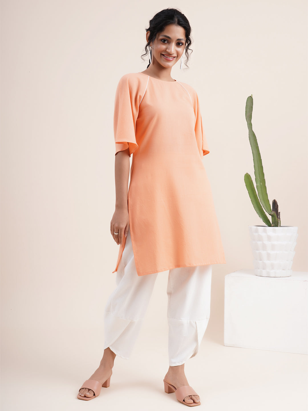 PINK WITH WHITE georgette butterfly sleeve +with full lining kurti EM522 -  EMMA